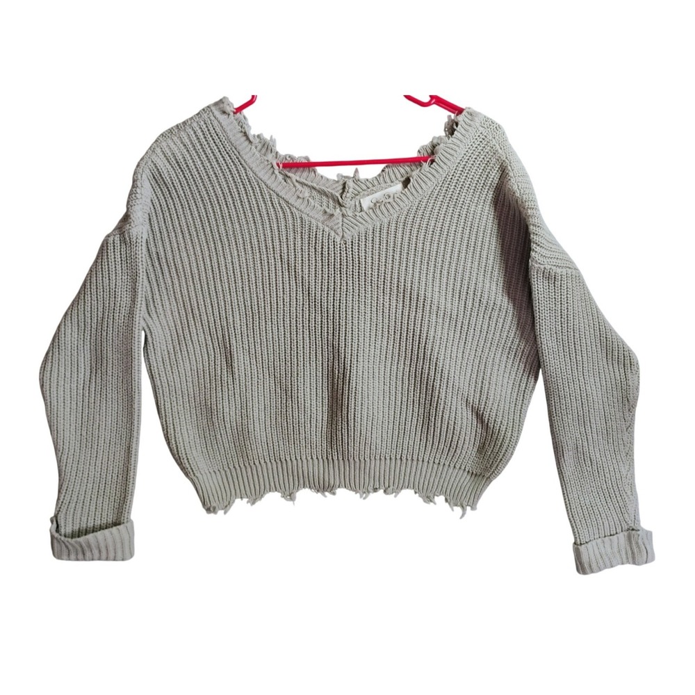 Jessica Simpson Women's Cropped Knit Sweater V-Neck‎ Raw Hem Cotton M